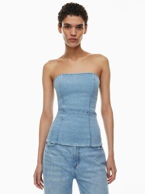 Denim Forum Strapless Denim Corset Bustier Top Light Wash Blue | XS